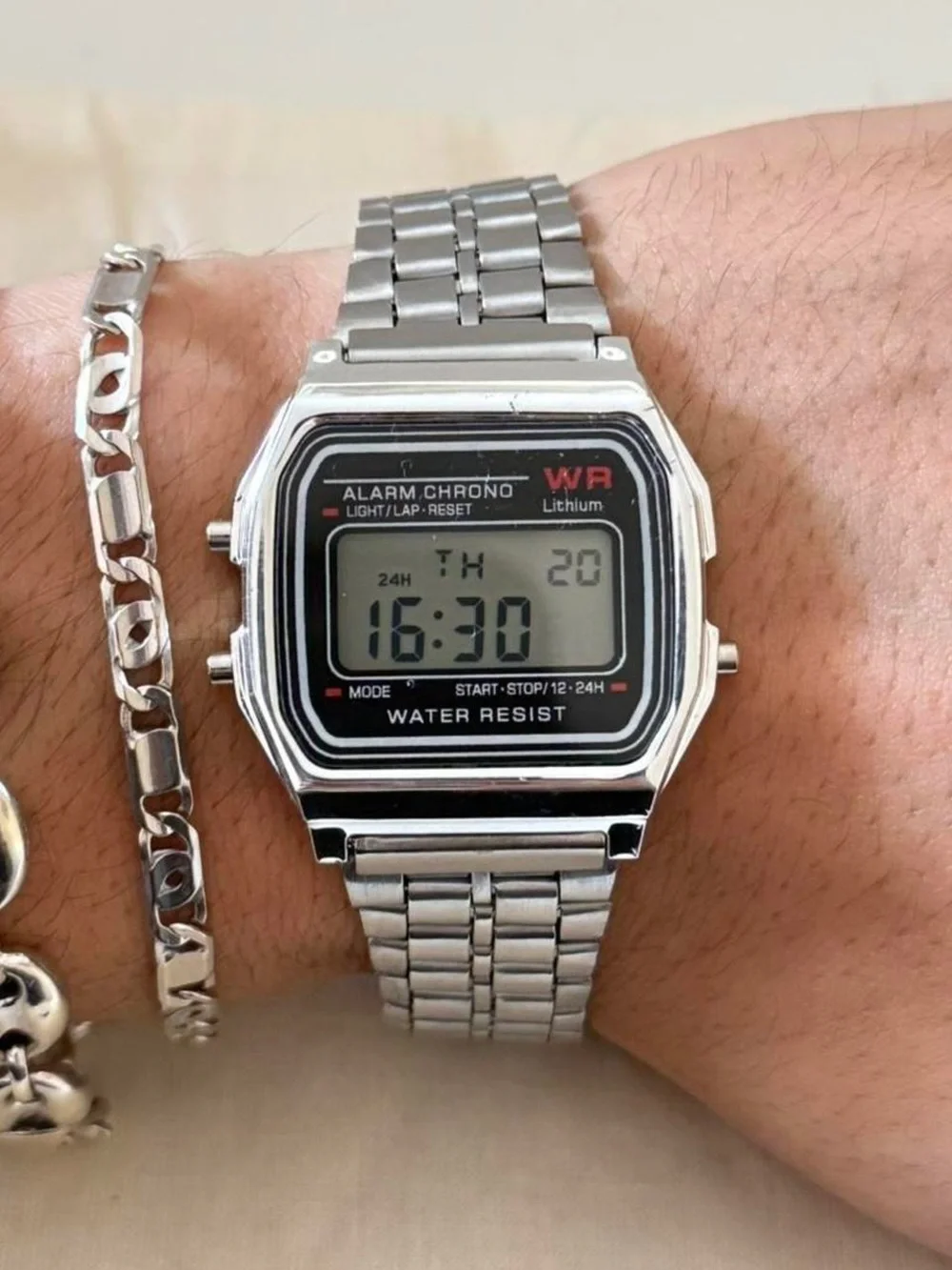 Classic Silver Digital Alarm Watch - Stainless Bracelet